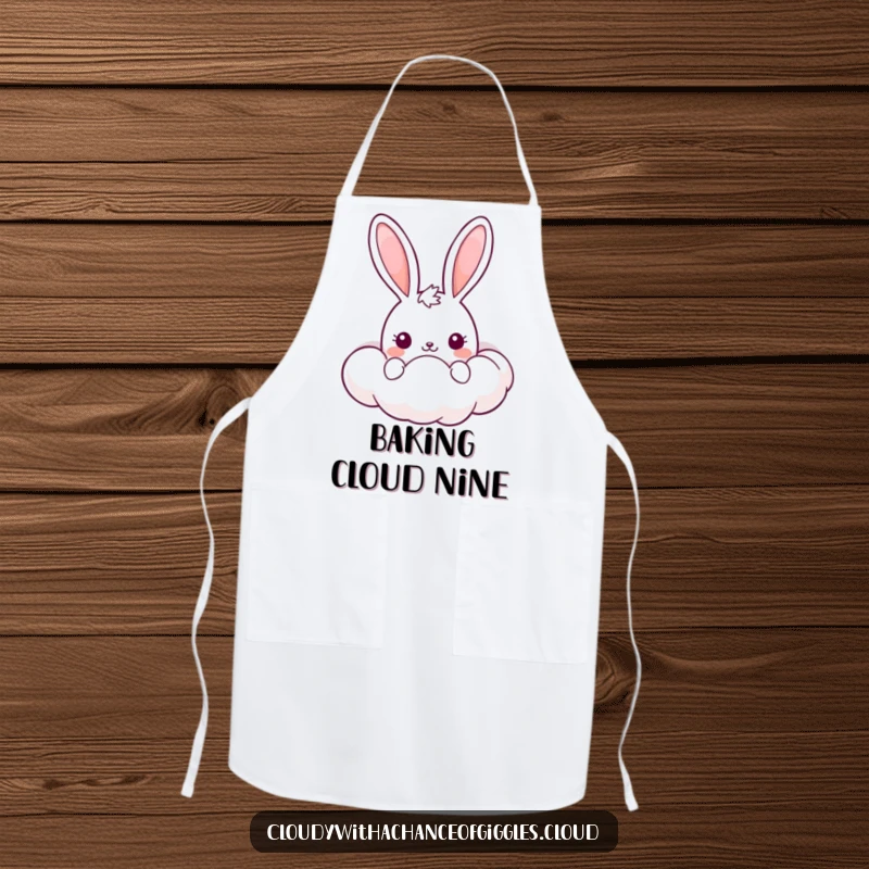 Funny Kawaii Bunny Apron: A cheerful bunny peeking from a smiling cloud, designed for fun in the kitchen.
