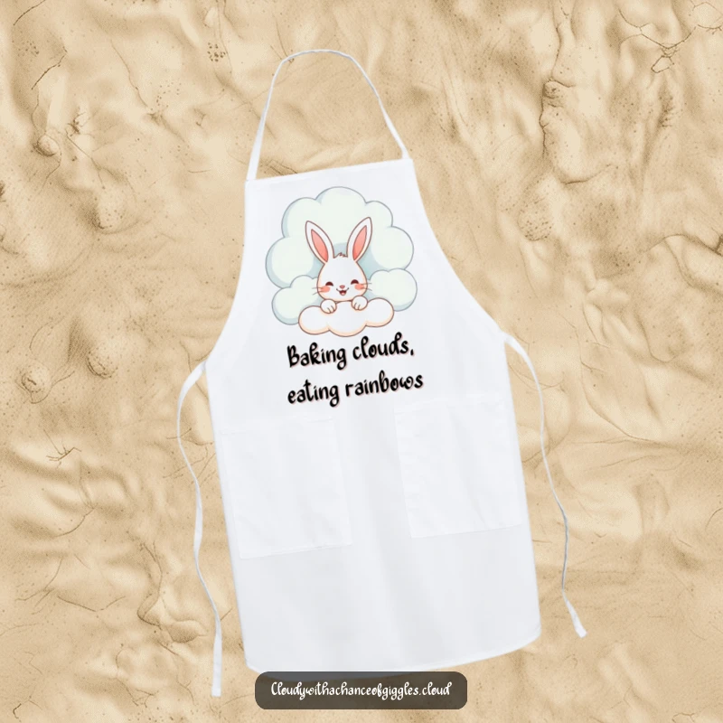 Funny apron with a smiling bunny peeking from behind a whimsical cloud, perfect for adding joy to cooking and baking.