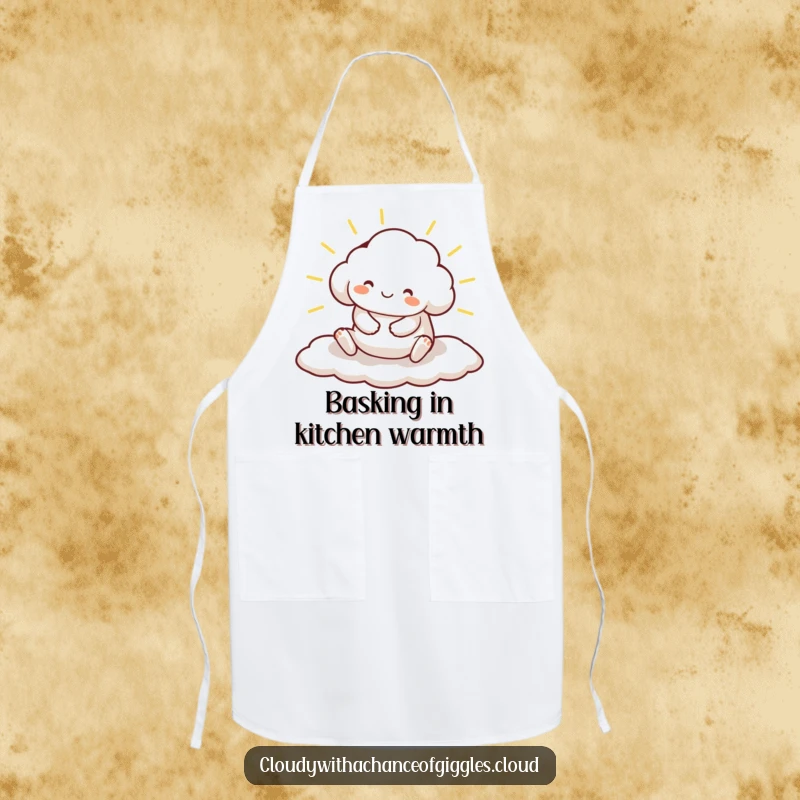 Funny apron showing a smiling cloud animal character stretching on a sunbeam, ideal for a relaxed cook or baker.