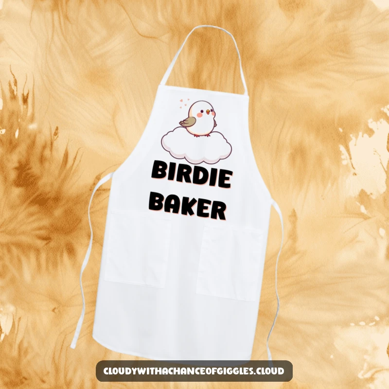 Funny tiny bird chirps on a gently drifting cloud, featured on this amusing and practical kitchen apron.