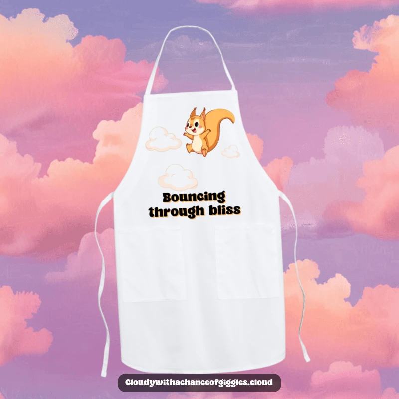 Funny apron depicting a spirited squirrel leaping between clouds, ideal for a cook who enjoys adding humor to meal preparation.
