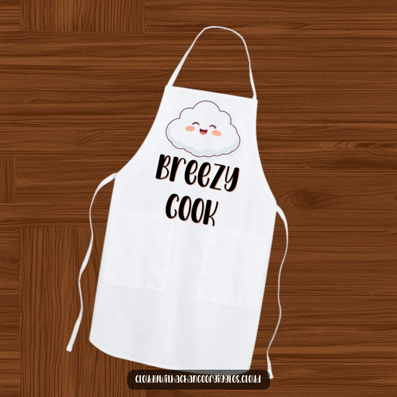 Funny happy cloud character giggling while floating on a gentle breeze, an apron for culinary cheer.