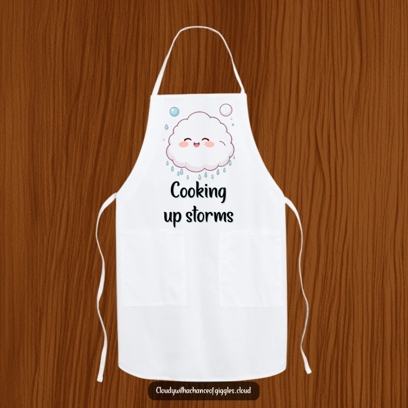 Funny, fluffy cloud child giggling and bouncing a soft, puffy raindrop like a ball on a kitchen apron.