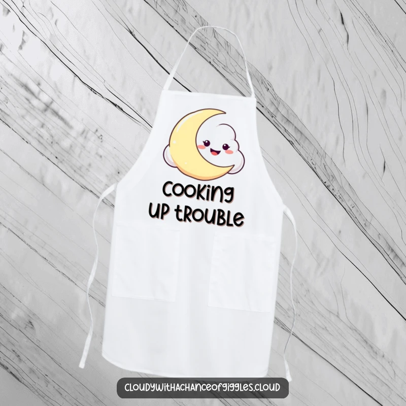 Funny apron design of a mischievous cloud character with a grin, peeking from behind a crescent moon, ready for kitchen fun.