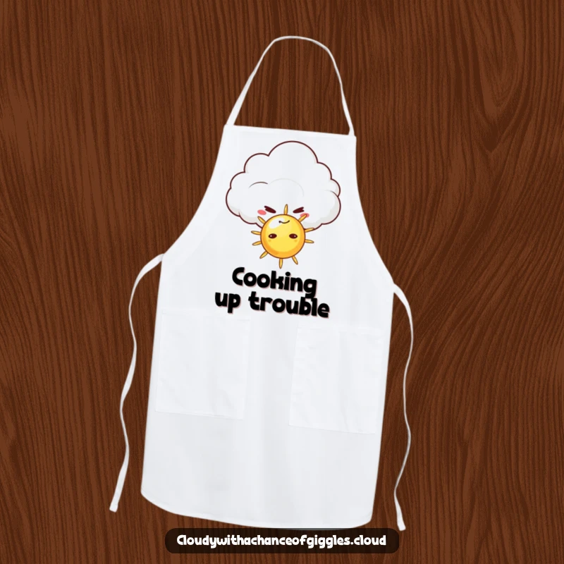 Funny apron depicting a mischievous cloud with a sly grin hiding behind a tiny sun, perfect for adding humor to cooking and baking activities.