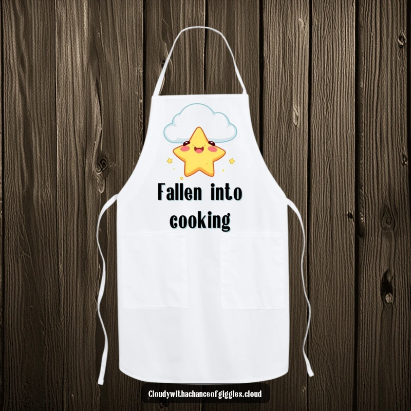 Funny kitchen apron featuring a happy star character safely descending from a cloud, adding humorous charm to meal prep.