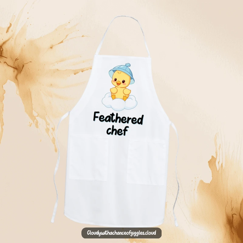 Funny duckling in a tiny rain hat floats on a cloud, featured on this amusing and practical kitchen apron.