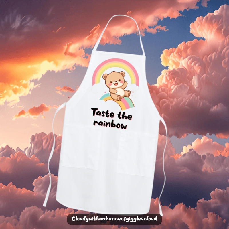 Funny bear cub sliding down a vibrant rainbow with a wide smile, on a kitchen apron, bringing playful humor to cooking.