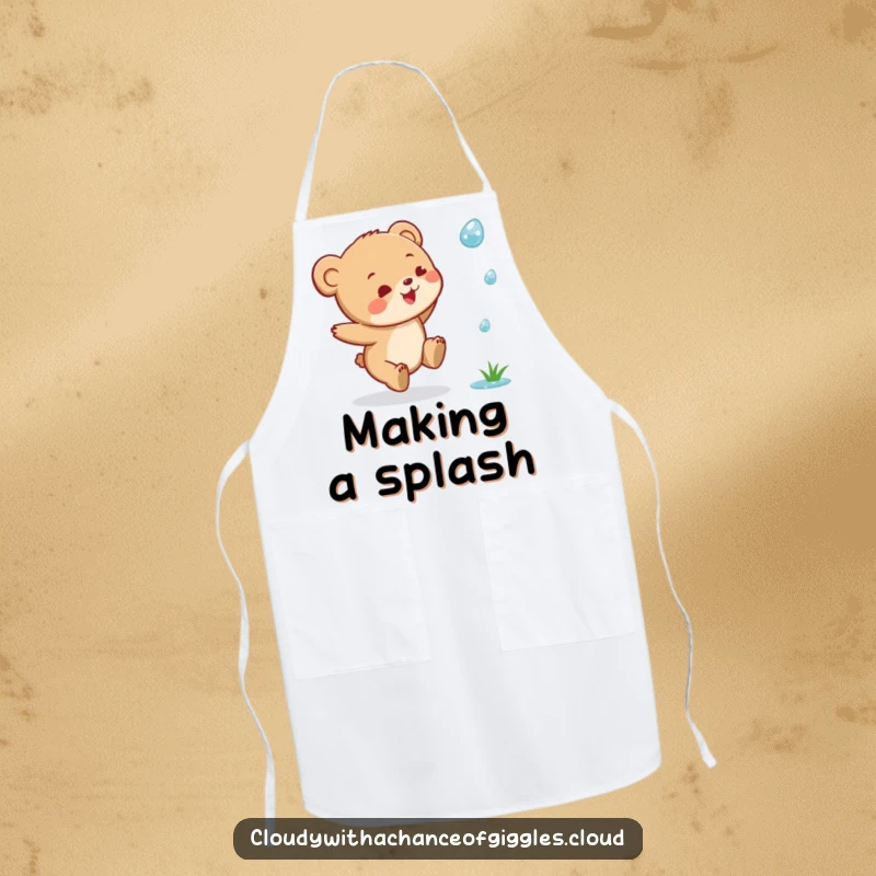Funny Bear Cub Apron: A cute bear cub captured in a joyful leap while chasing a raindrop, perfect for chefs.