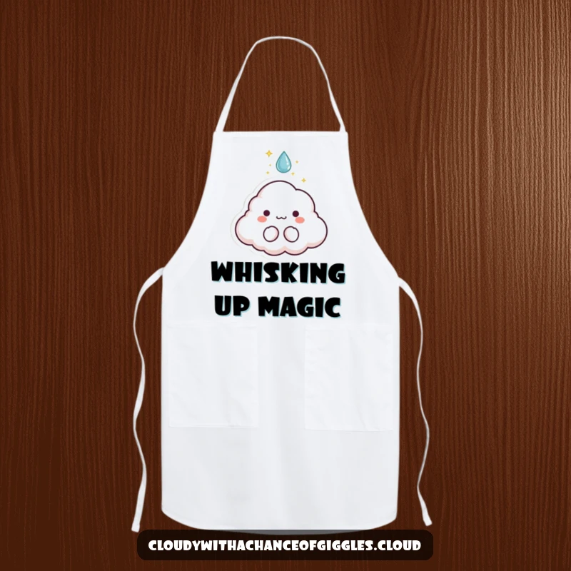 Funny apron showing a tiny cloud animal character with sparkles bursting from a raindrop, perfect for a magical kitchen.