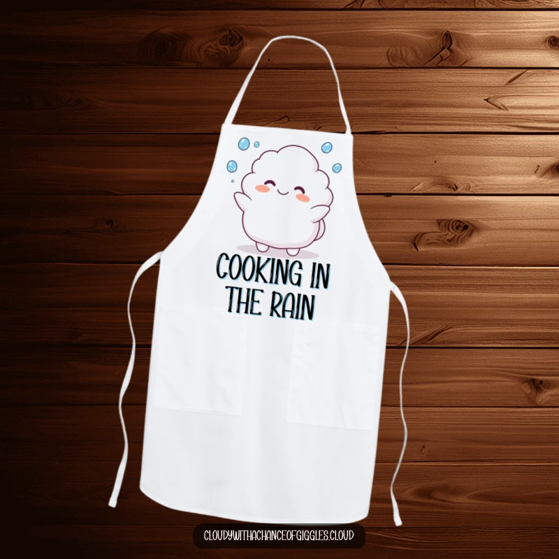 Funny apron with a plump cloud animal character happily juggling raindrops, perfect for a playful cook or baker.