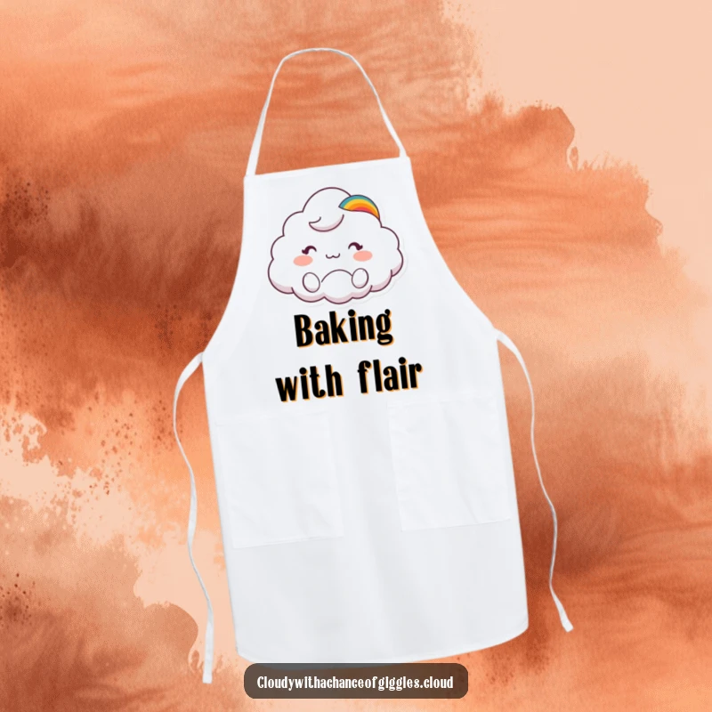 Funny apron with a cute cloud animal character wearing a rainbow hat and waving, perfect for a cheerful cook.