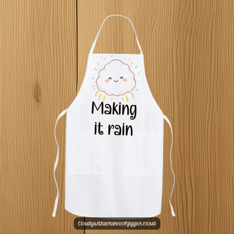 Funny fluffy cloud character joyfully sprinkling tiny raindrops, creating small rainbows, depicted on a practical apron for cheerful kitchen activities.