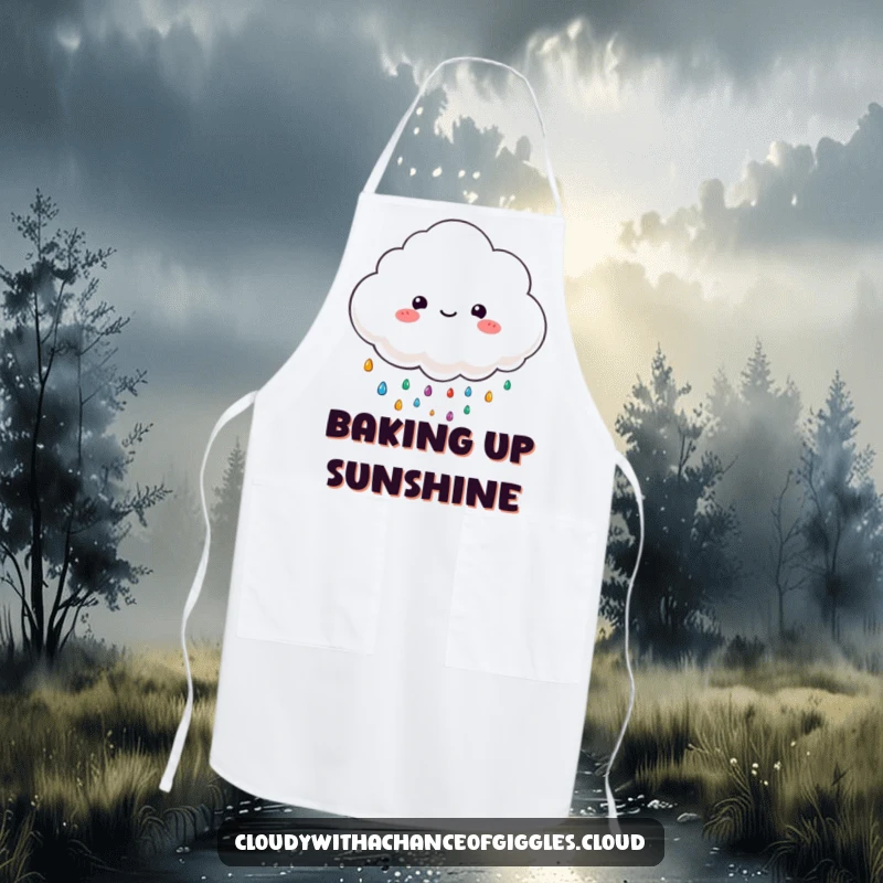 Funny apron with a fluffy cloud character happily raining colorful, tiny raindrops, perfect for kitchen protection.