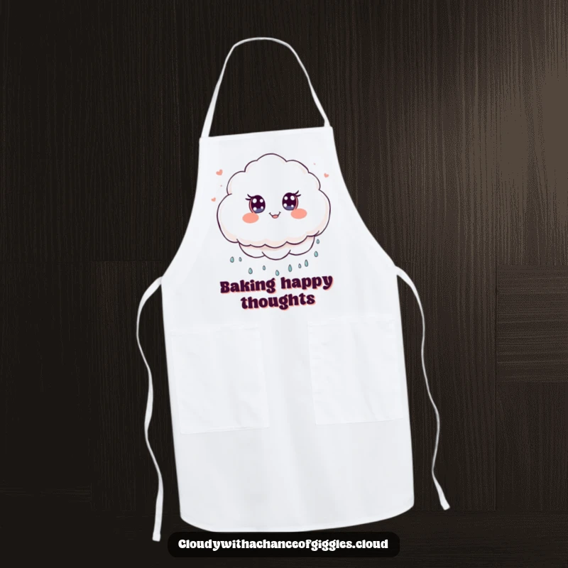 Funny Apron showcasing a fluffy kawaii cloud character with wide eyes, raining tiny smiles. A cheerful kitchen accessory.
