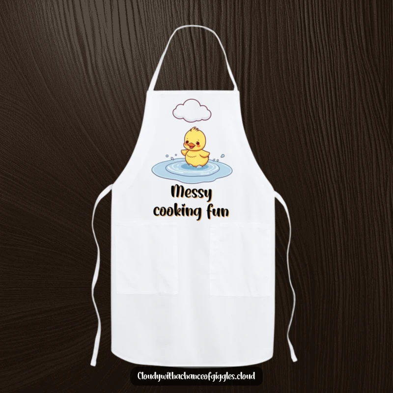 Funny Duckling Puddle Splash Apron, depicting a happy duckling splashing in a puddle under a cloud, adding humor to cooking.