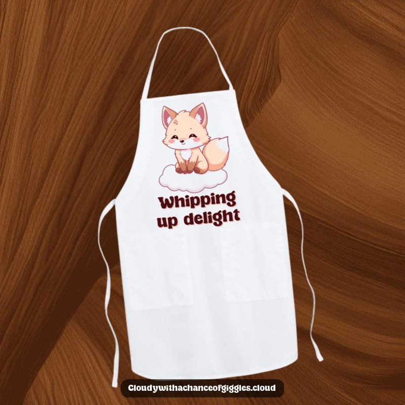 Funny fox apron, a fluffy fox riding a cloud with its tail wagging, perfect for humorous baking sessions.