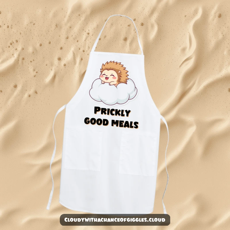 Funny hedgehog apron illustrating a happy hedgehog rolling down a cloud, ideal for kitchen fun and humorous protection.