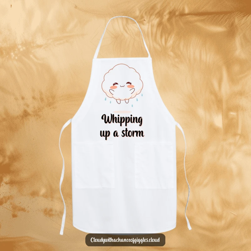 Funny fluffy white cloud with rosy cheeks, jumping joyfully and raining, on an apron, for cheerful cooking sessions.