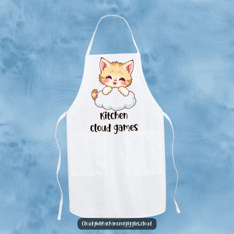 Funny apron showcasing a curious kitten batting at a smiling cloud, perfect for cooks who enjoy a touch of animal charm.