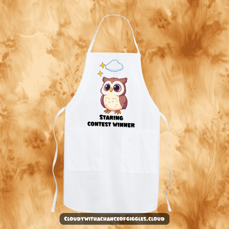 Funny apron with a little owl and wide eyes gazing at a star-filled cloud, perfect for adding humor and charm to cooking.
