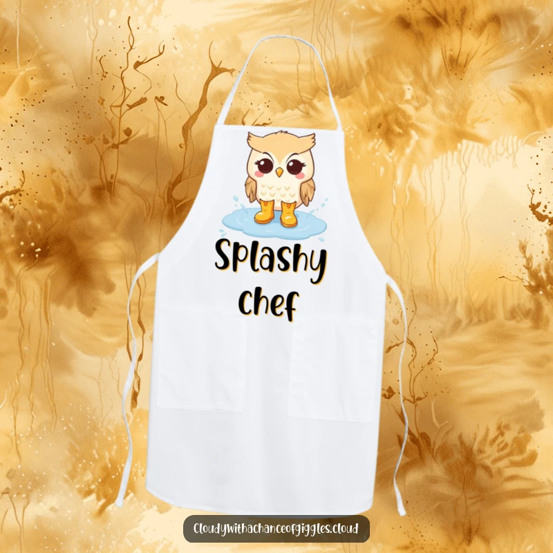 Funny apron showcasing an owl in rain boots splashing in a cloud puddle, perfect for cooks who enjoy a touch of fun.