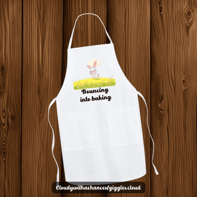 Funny rabbit apron, a happy rabbit hopping through a field under a smiling cloud, whimsical kitchen wear.
