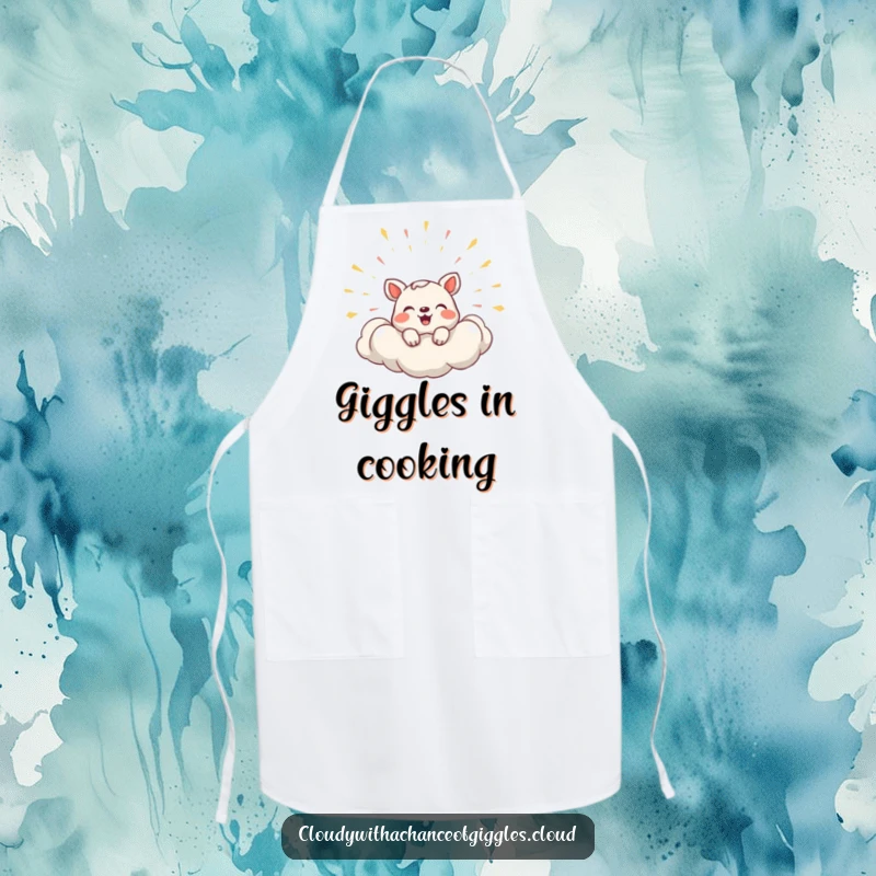 Funny Apron showing a shy animal peeking from a cloud bursting with uncontrollable laughter, perfect for a cheerful kitchen.