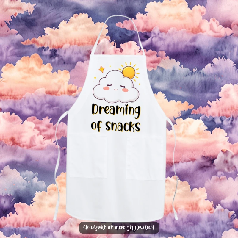 Funny sleepy white cloud with closed eyes, dreaming of sunshine with a happy sigh, on an apron, for serene cooking sessions.