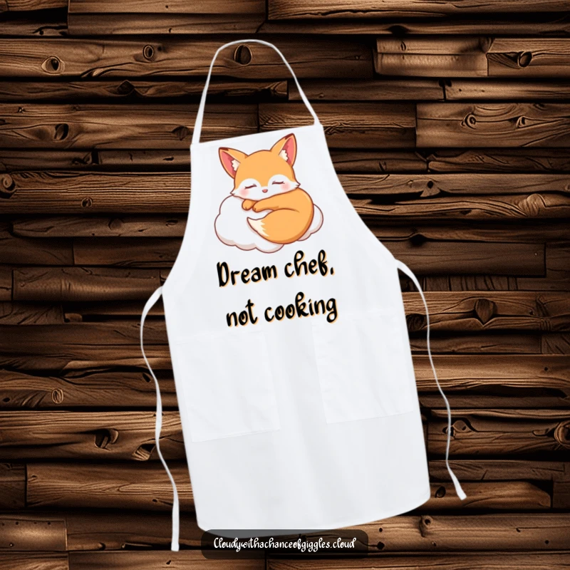 Funny sleepy fox curled up smiling on a soft cloud with closed eyes, a dreamy and humorous apron for a peaceful kitchen.
