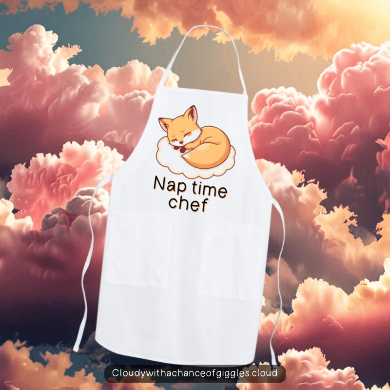 Funny sleepy fox dreaming on a cloud apron, adding a humorous and cute element to kitchen attire.