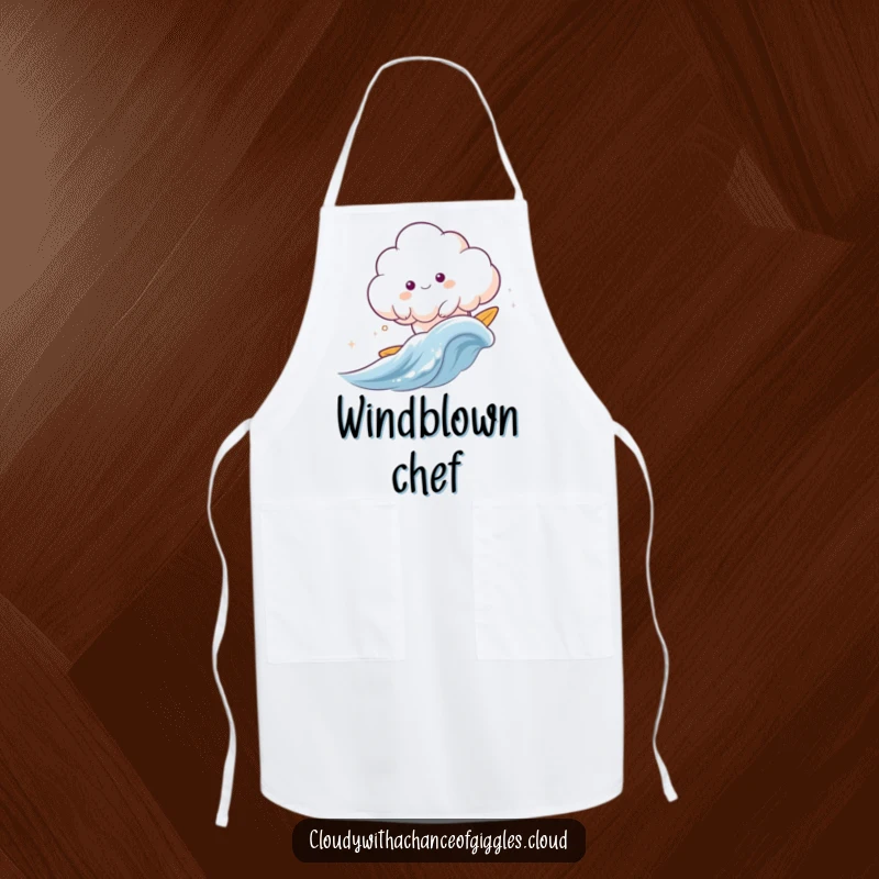 Funny cloud animal happily surfing a gentle wave of wind, an apron for culinary whimsy.