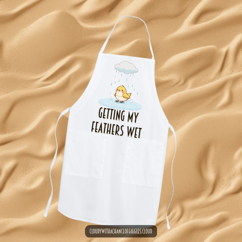 Funny bird apron, a happy bird splashing in a puddle under a cute rain cloud, kitchen wear with a humorous twist.