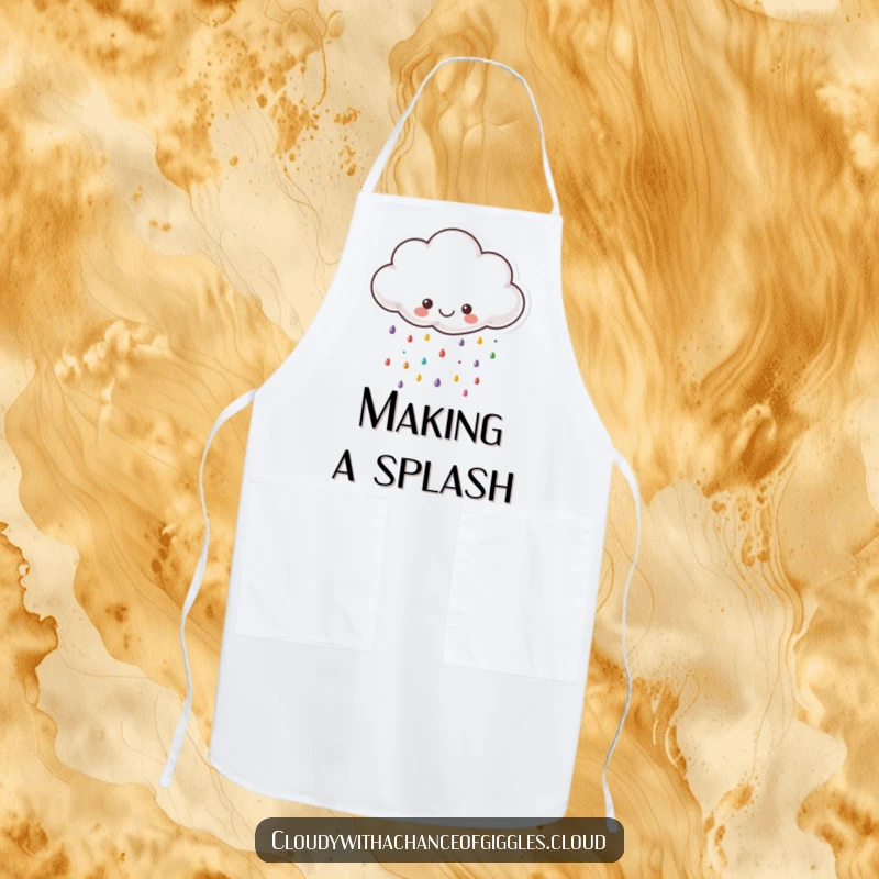 Funny cloud apron, a small happy cloud with a smiling face, raining tiny colorful raindrops, adding cheer to cooking.