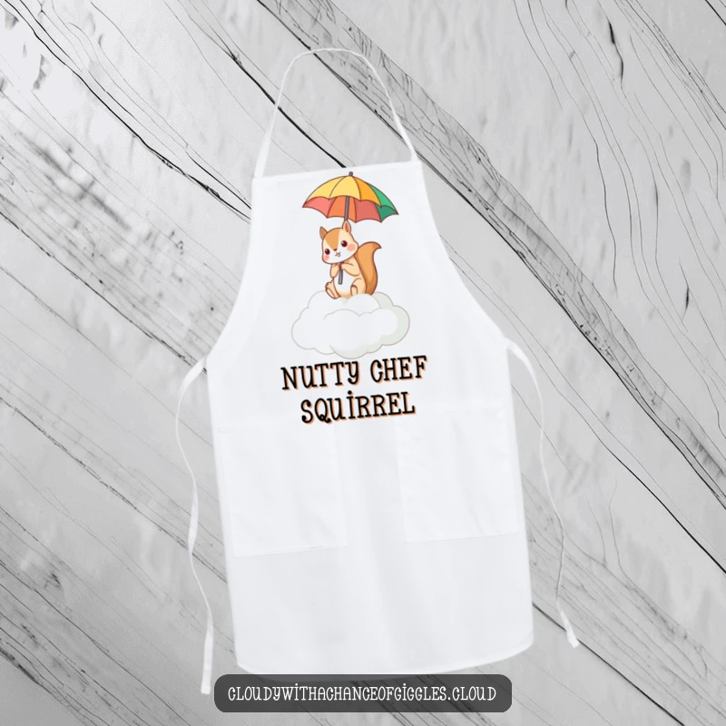 Funny apron with a squirrel on a cloud, humorously holding an umbrella in an upside-down manner.
