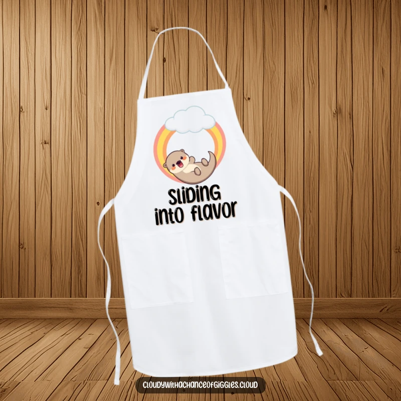 Funny apron showcasing a happy otter sliding down a rainbow from a cloud, adding a touch of playful joy to cooking.
