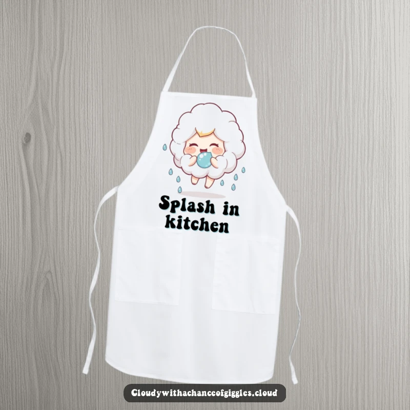 Funny apron with a fluffy cloud child giggling and bouncing a raindrop, a cheerful and playful kitchen accessory.