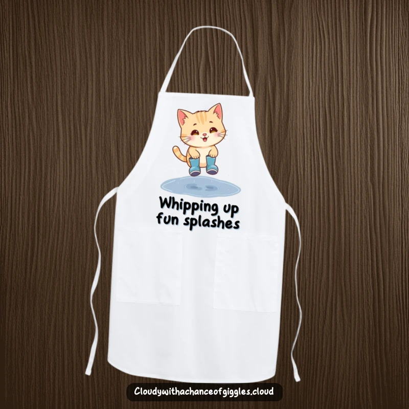 Funny cat in tiny rain boots, jumping over a puddle, wearing an apron, great for kitchen.