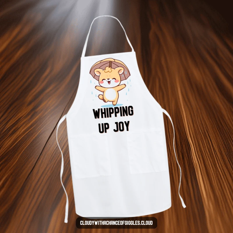 Funny Apron showcasing a happy animal character energetically dancing in a gentle rain shower. A cheerful kitchen accessory.