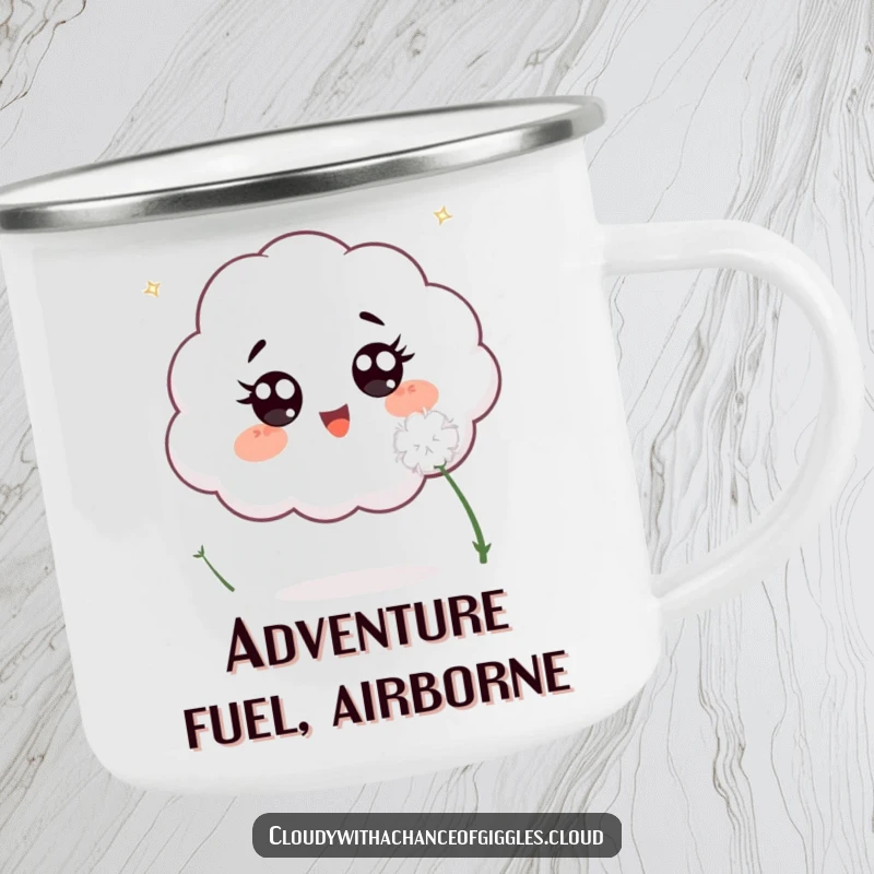 Funny camping mug showing an excited cloud with wide eyes, energetically chasing a fluffy white dandelion seed under an open sky.