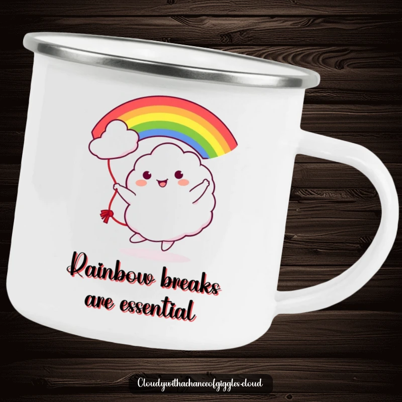 Funny Cloud Rainbow Jump Rope Camping Mug: A durable mug with a cute cloud tossing a bright rainbow, ideal for outdoor adventures.