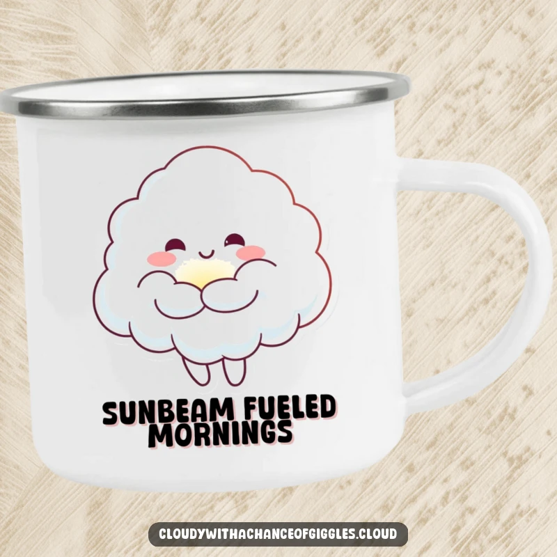 Funny Cloud Sunbeam Hug Camping Mug: A durable mug with a cheerful cloud hugging a tiny sunbeam, ideal for outdoor enjoyment.