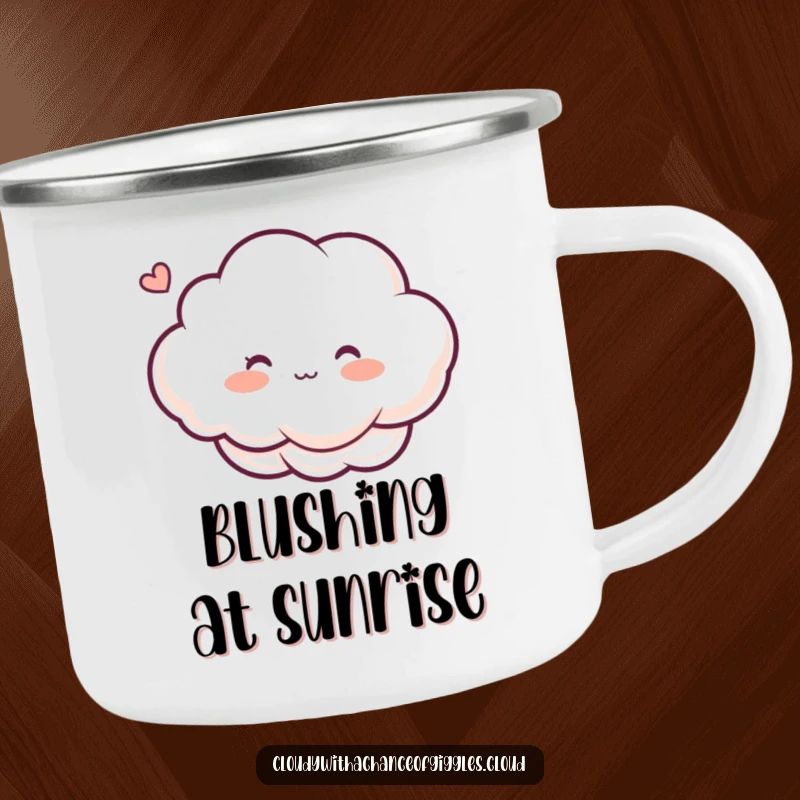 Funny camping mug with a blushing cloud character, rosy cheeks from a ticklish breeze, perfect for outdoor humor.