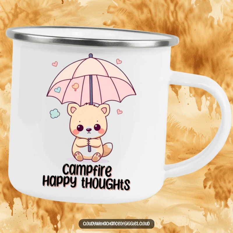 Funny camping mug with an animal holding an umbrella of happy thoughts, perfect for outdoor humor and cheerful sipping.