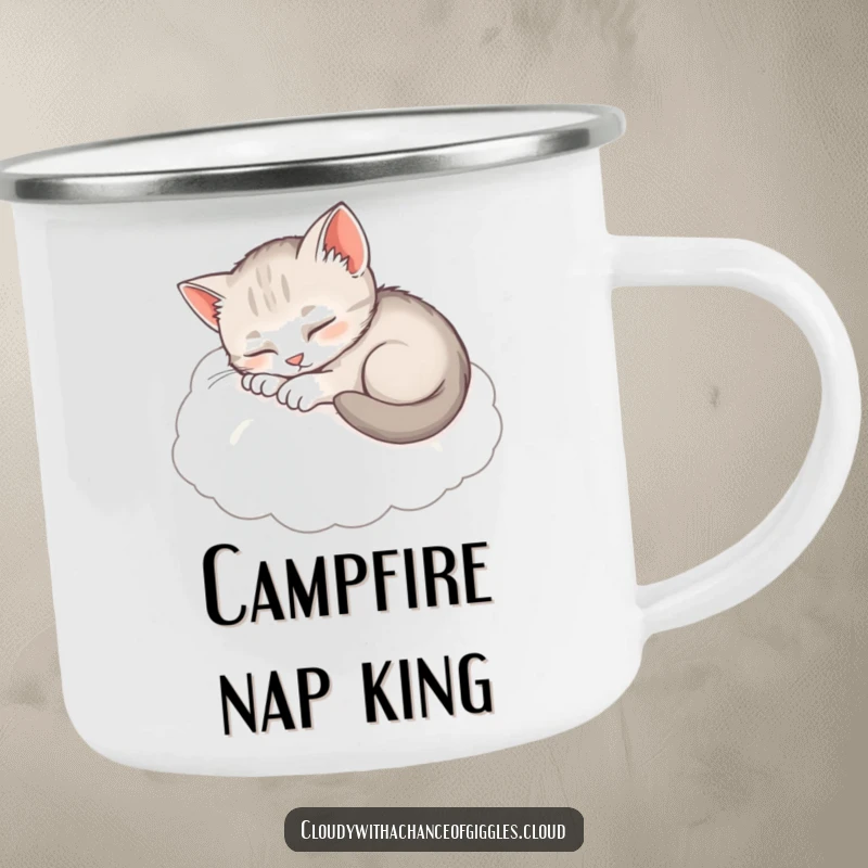 Funny Sleepy Kitten Camping Mug: A sleepy kitten curled on a cloud, designed for cozy outdoor enjoyment.
