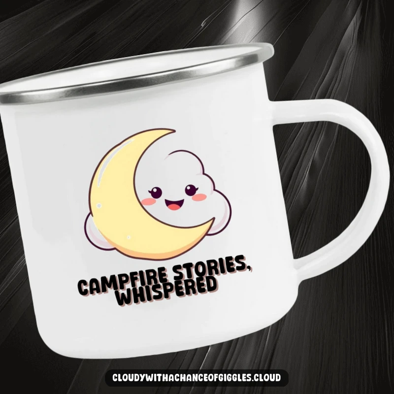 Funny camping mug showcasing a mischievous cloud with a grin, peeking from behind a crescent moon, ideal for outdoor use.