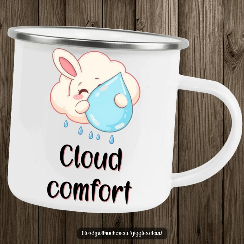 Funny camping mug featuring a smiling bunny-shaped cloud floating lazily, holding a large raindrop, designed for outdoor lovers who appreciate cute and whimsical art.