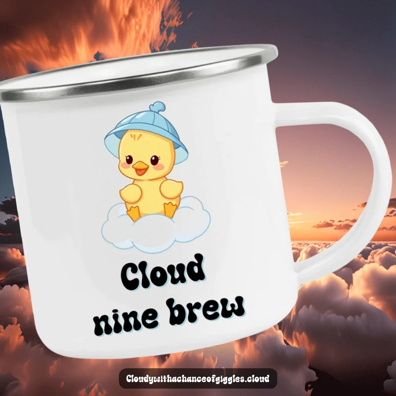 Funny duckling in a rain hat floats on a cloud, ready for adventure on this sturdy camping mug.