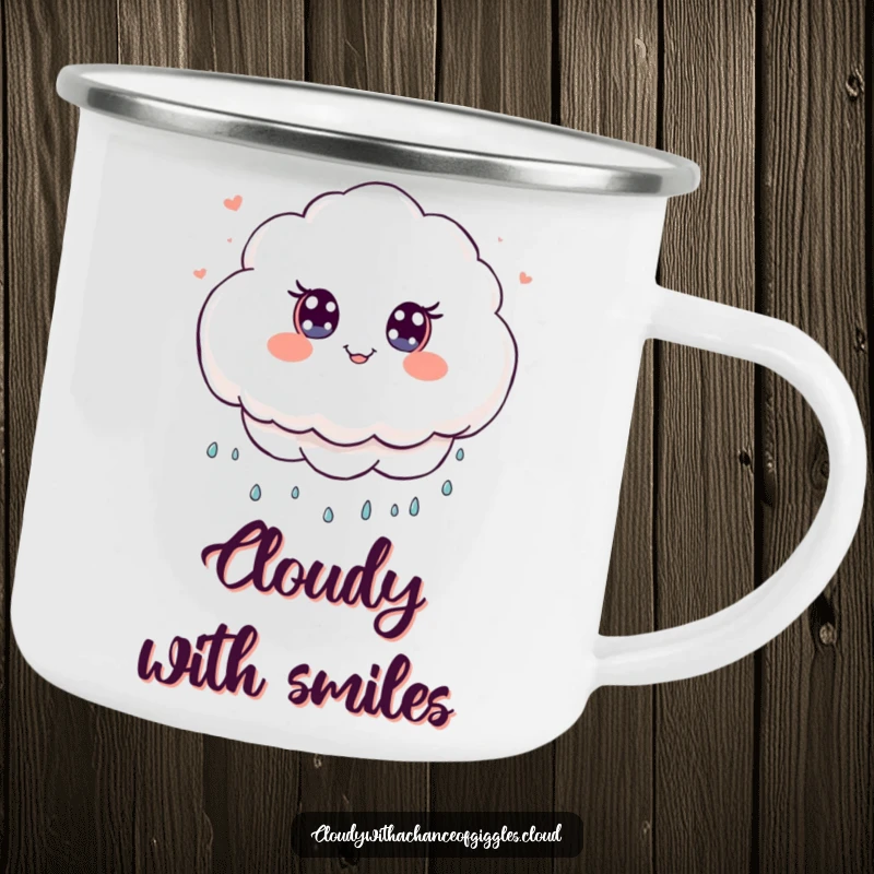 Funny Camping Mug featuring a fluffy kawaii cloud character raining smiles. Durable and amusing drinkware for outdoor fun.