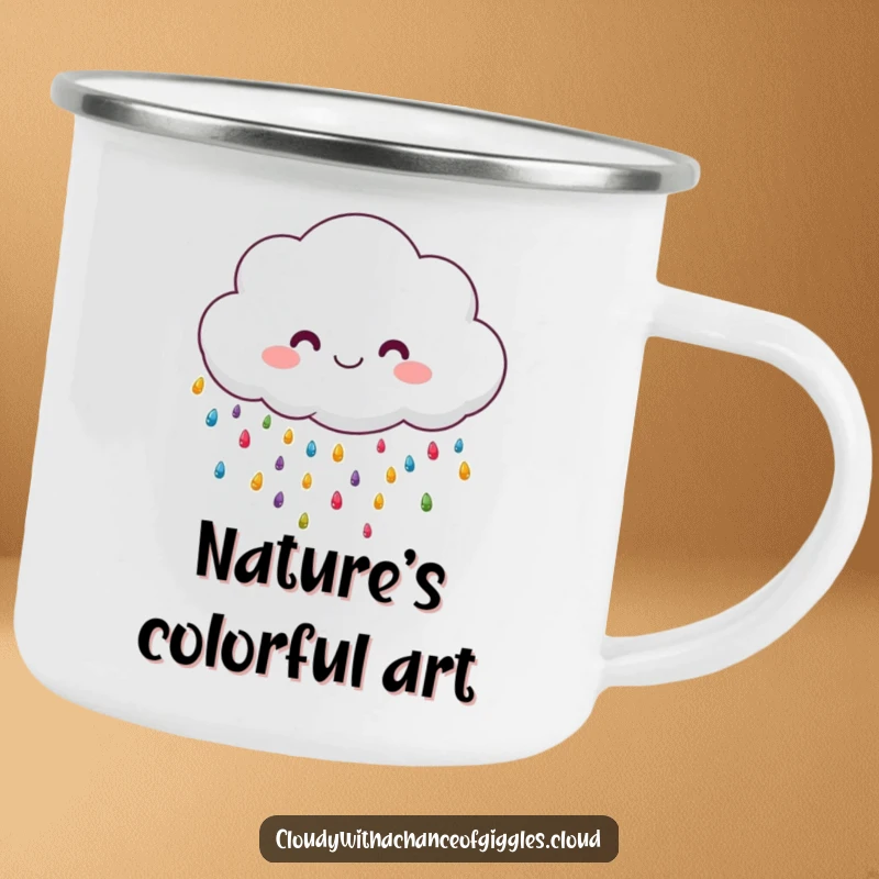 Funny fluffy cloud raining colorful drops, a rugged and humorous camping mug.